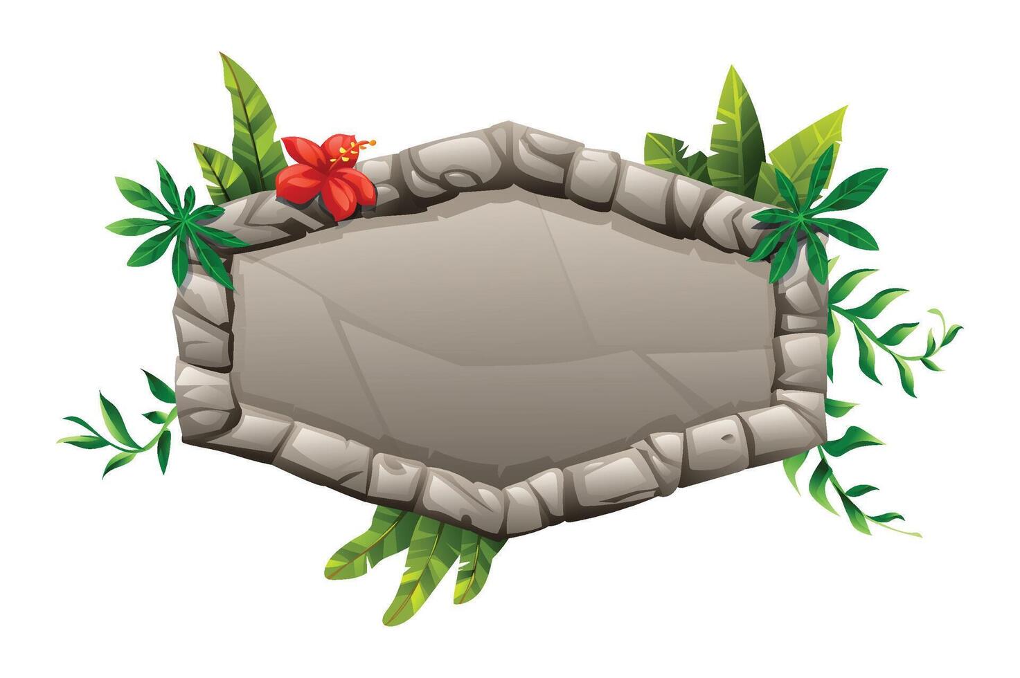 Stone sign with red hibiscus and tropical foliage for jungle themed design. Cartoon illustration vector