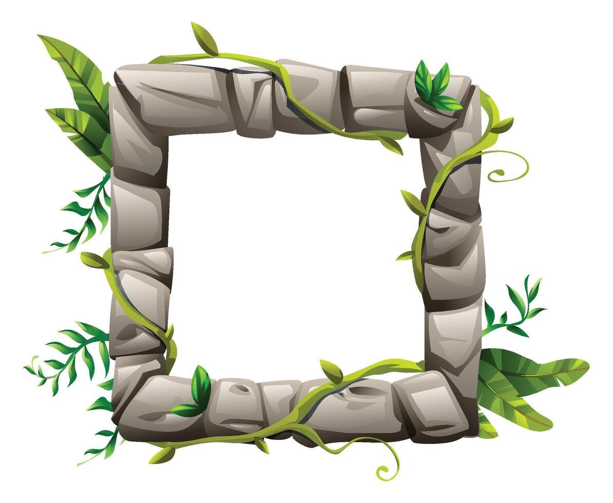 Square jungle frame of stones with green vines wrapping the edges. Cartoon illustration vector