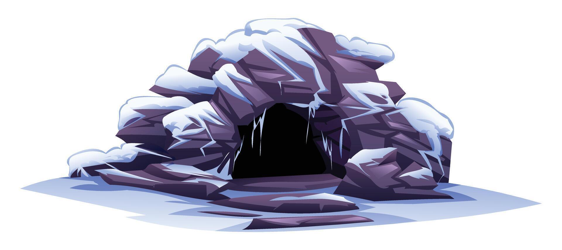 Snow covered rocky cave with frozen steps and dark entrance in icy environment. Cartoon illustration vector