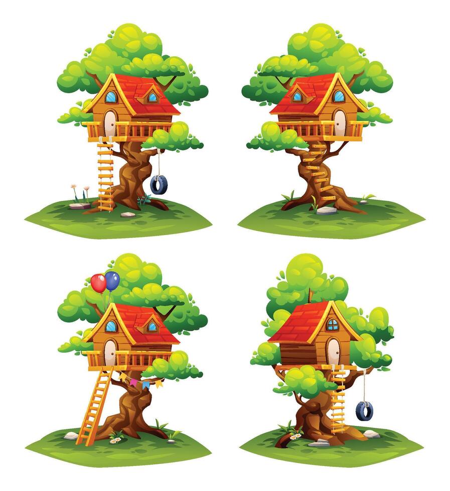 Set of tree house with red roof and spiral wooden stairs. House on tree, children playground. Cartoon illustration vector