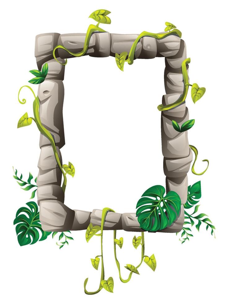 Stone frame with rectangular layout and vines wrapped around, tropical decoration. Cartoon illustration vector