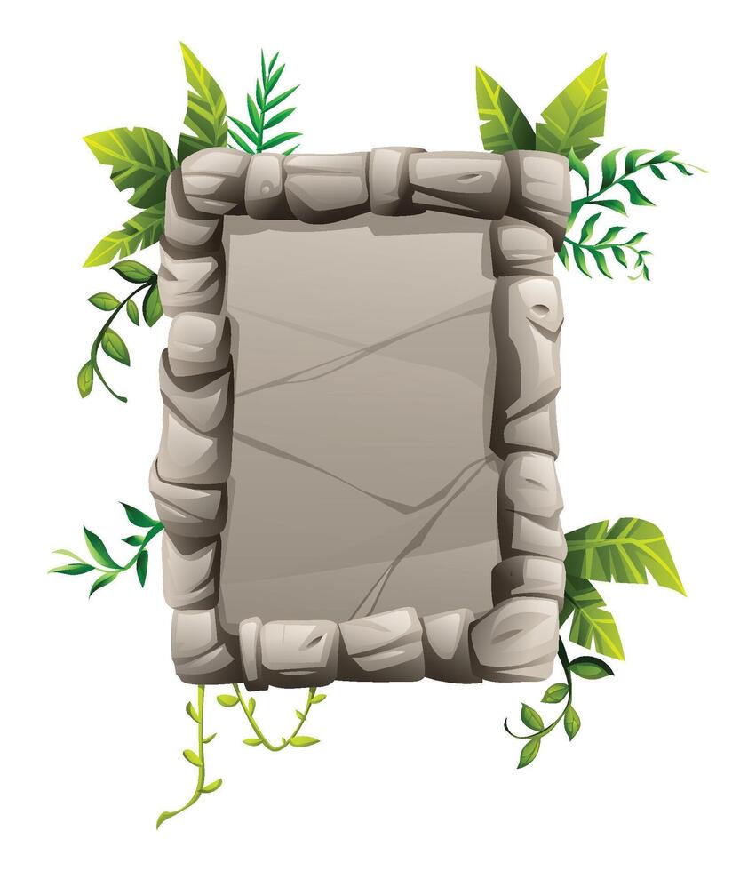 Vertical stone sign with rectangular frame and tropical foliage around. Cartoon illustration vector