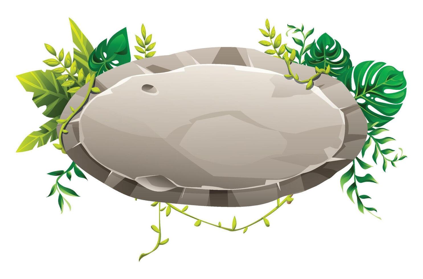 Oval stone board decorated with lush tropical leaves and vines on white background. Cartoon illustration vector