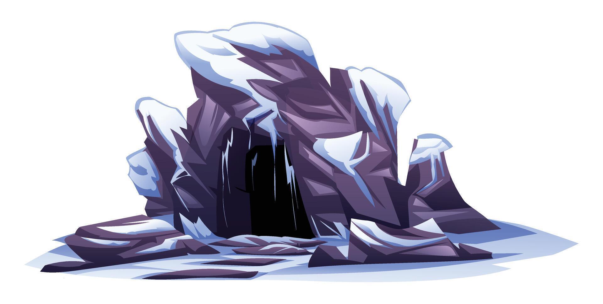 Icy mountain cave with sharp icicles and frosty entrance on a cold snowy landscape. Cartoon illustration vector