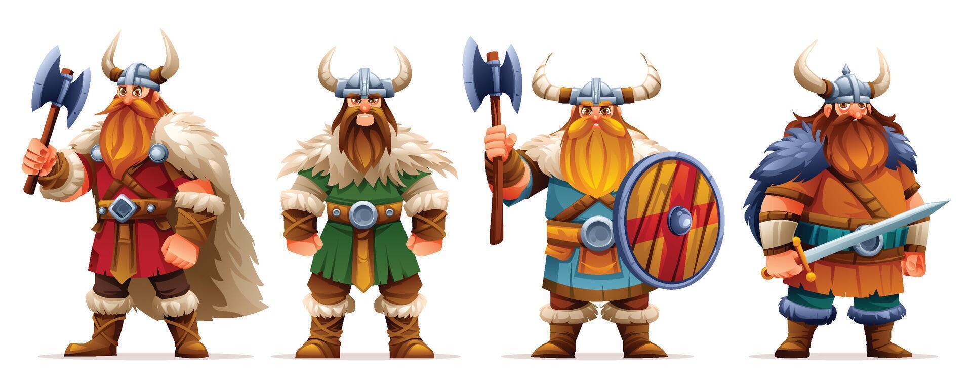 Set of Viking character with weapons and shields, ready for battle. Cartoon illustration vector