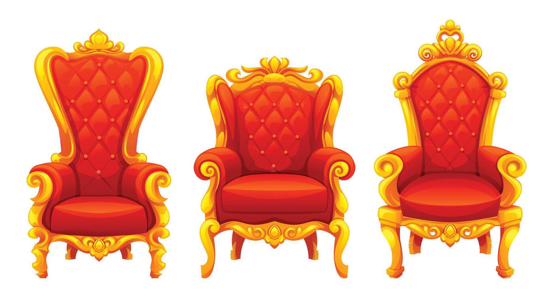 Set of golden throne chair with red cushion, wide arms and tall backrest in vintage style. Cartoon illustration vector