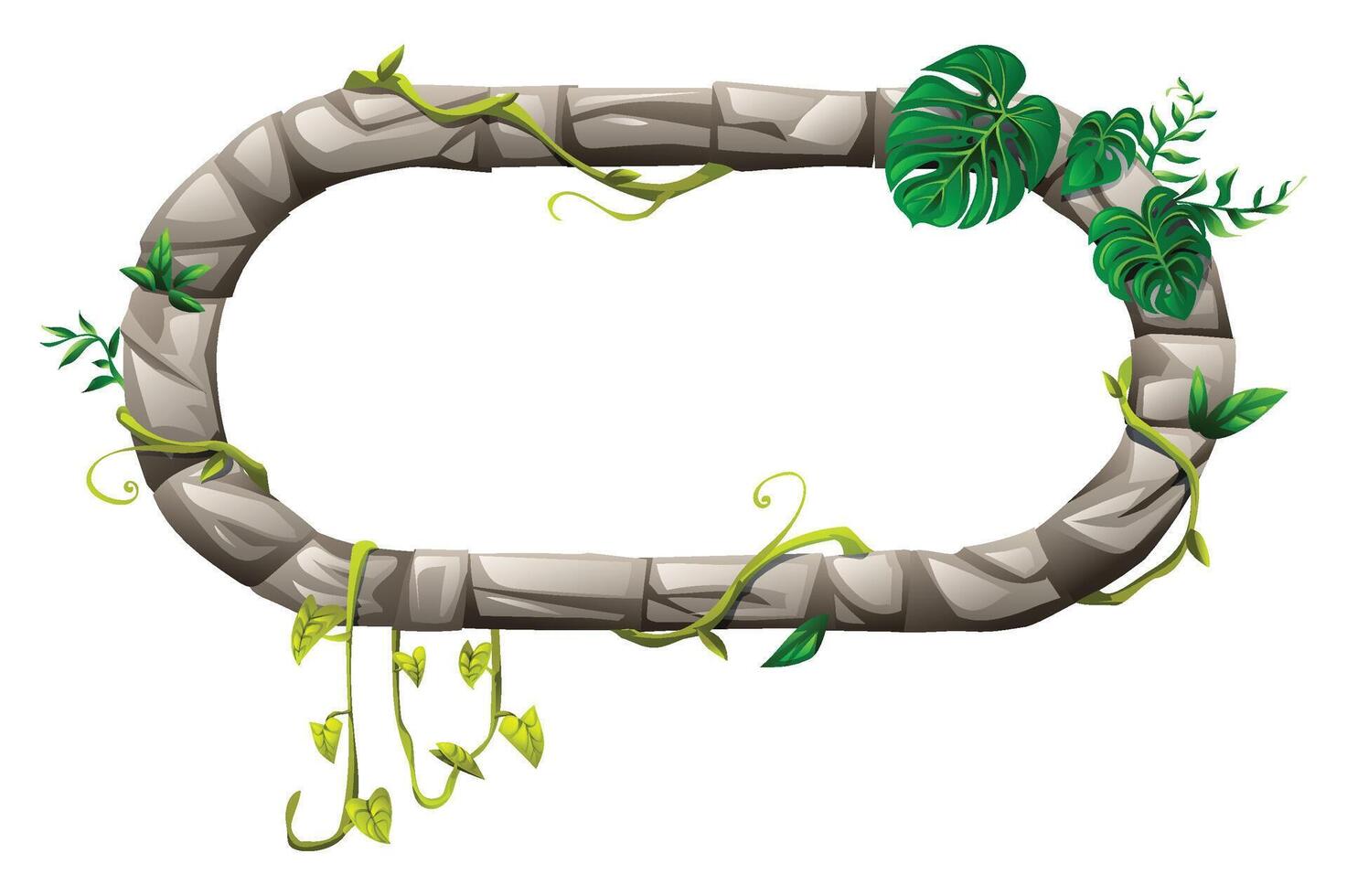 Rounded rectangular stone frame with empty center, surrounded by vines and monstera leaves. Cartoon illustration vector