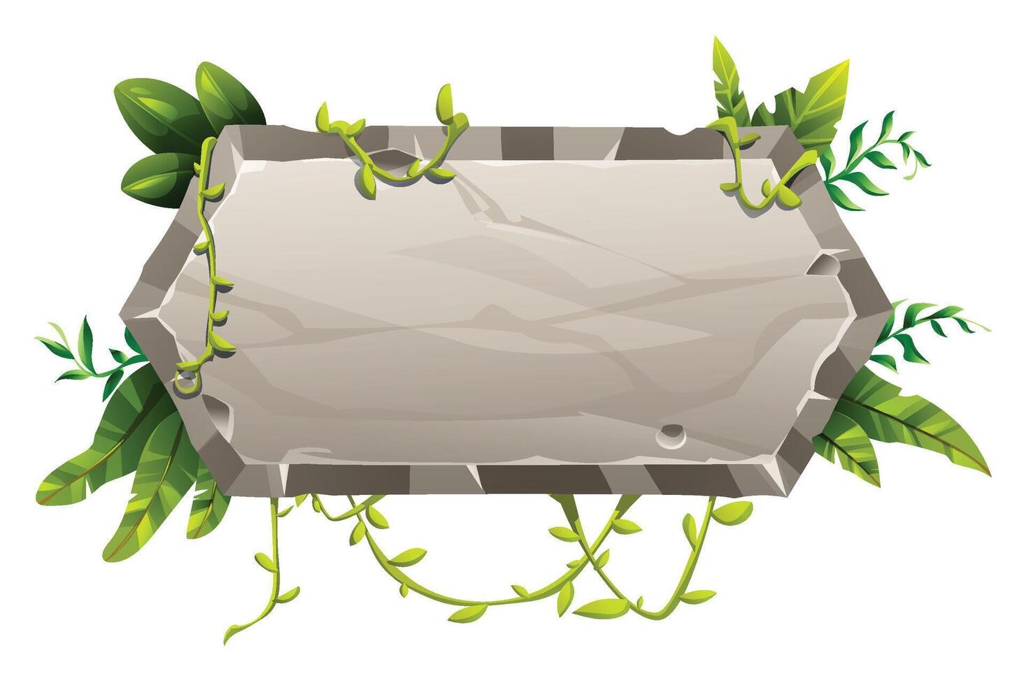Stone sign with climbing vines and tropical leaves for nature banner. Cartoon illustration vector