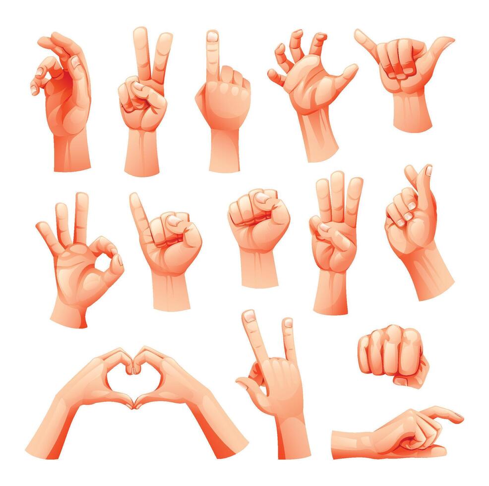 Collection of hand gestures showing various signs like peace, okay, thumbs up, and heart. Cartoon illustration vector