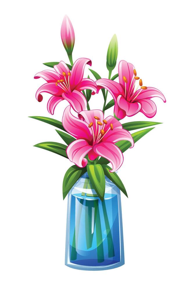 Beautiful pink lily flowers in a glass vase filled with water. Cartoon illustration vector
