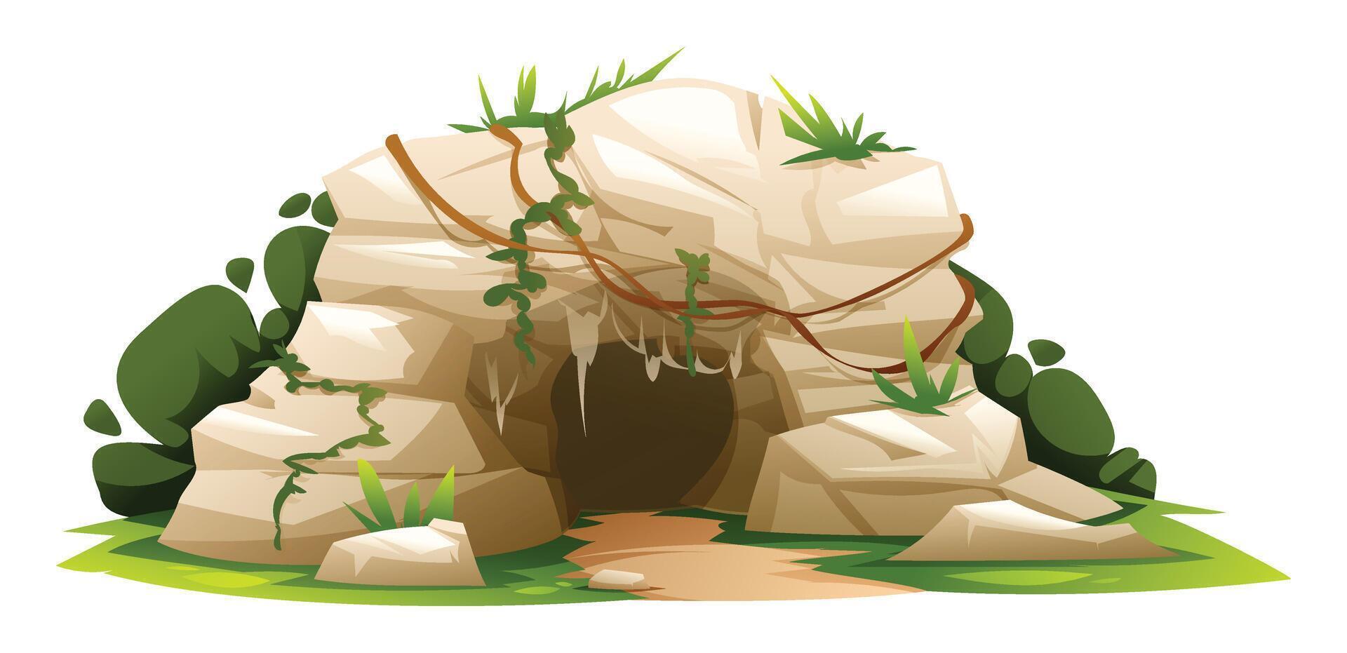Stone cave with plants and path in lush greenery. Cartoon illustration vector