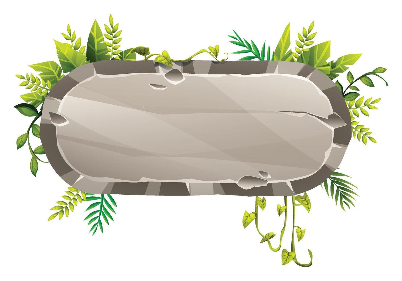Rounded rectangular stone sign with cracks and tropical leaves for jungle theme. Cartoon illustration vector