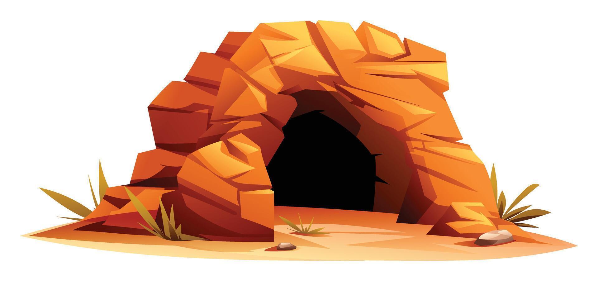Desert cave with jagged rocks and arid terrain. Cartoon illustration vector