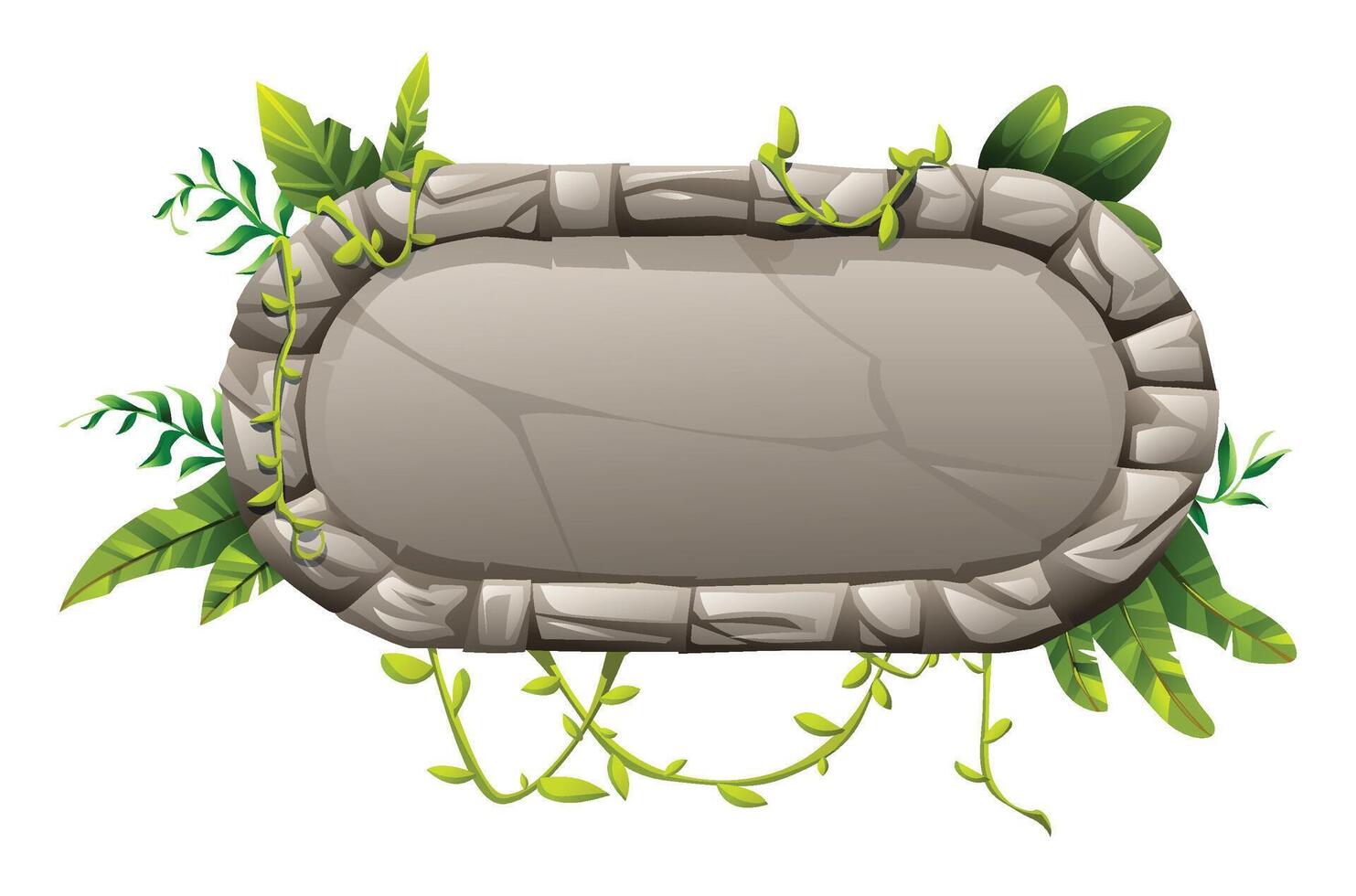 Rounded rectangular stone frame with layered rocks, green vines, and jungle leaves in cartoon style. Cartoon illustration vector