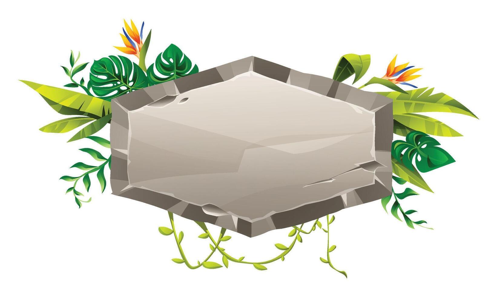 Stone sign with tropical leaves and bird of paradise flowers for jungle decor. Cartoon illustration vector