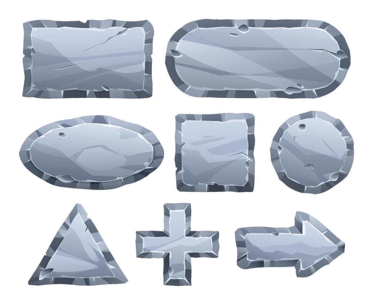 Collection of stone board in multiple shapes including geometric and symbolic elements. Stone banner element for game and web. Ui or gui design element. Cartoon illustration vector