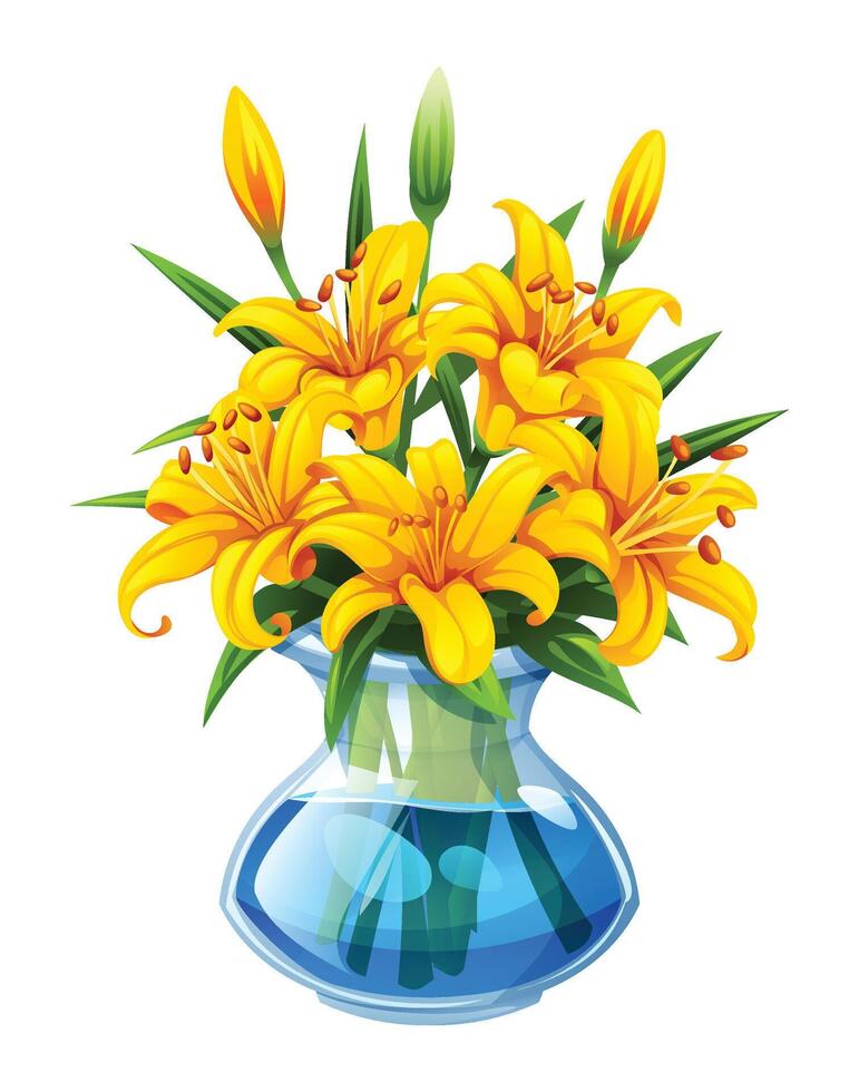 Yellow lilies in a glass vase with water. Cartoon illustration vector