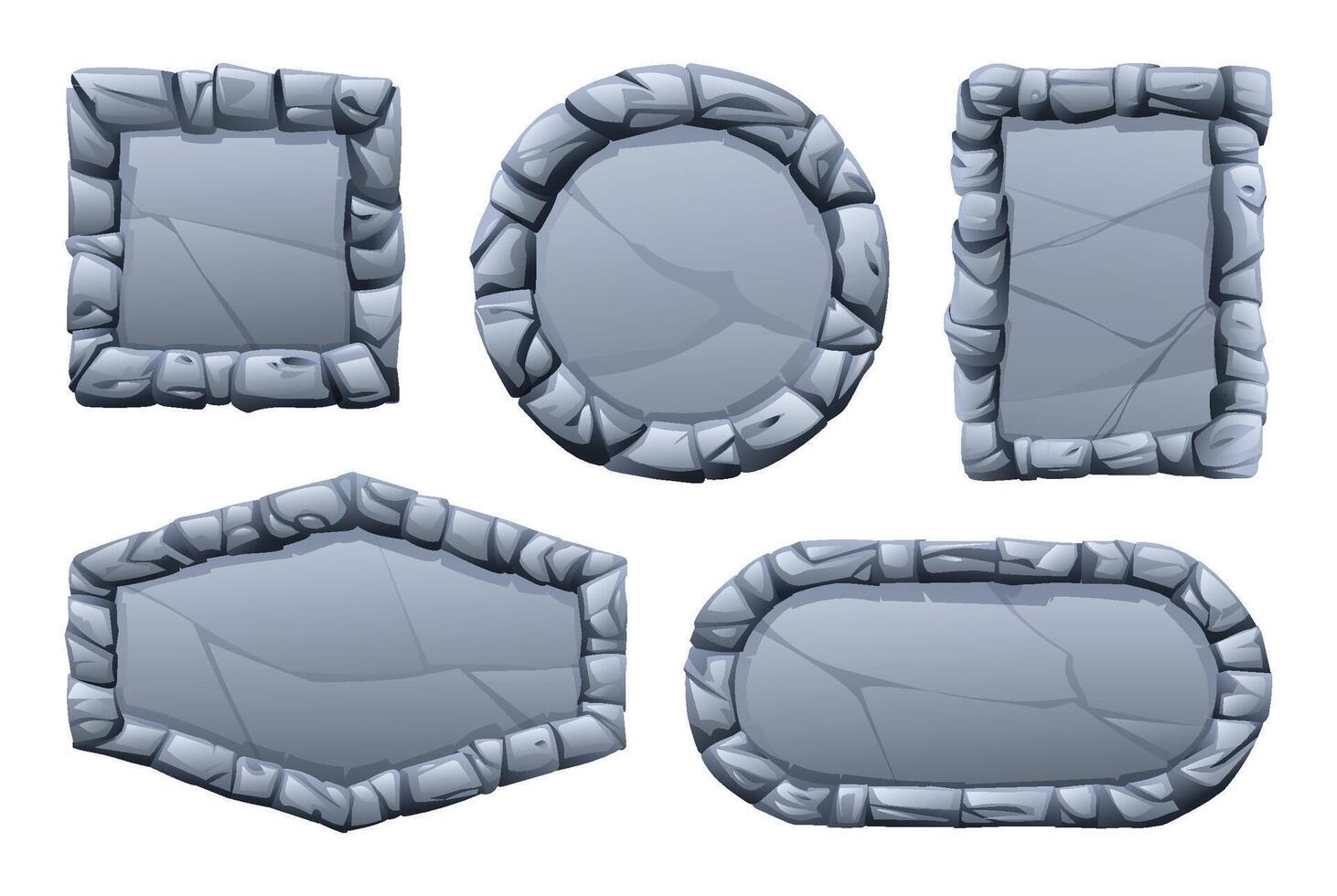 Set of stone frame with various shapes and rough textures. Stone banner element for game and web. Ui or gui design element. Cartoon illustration vector