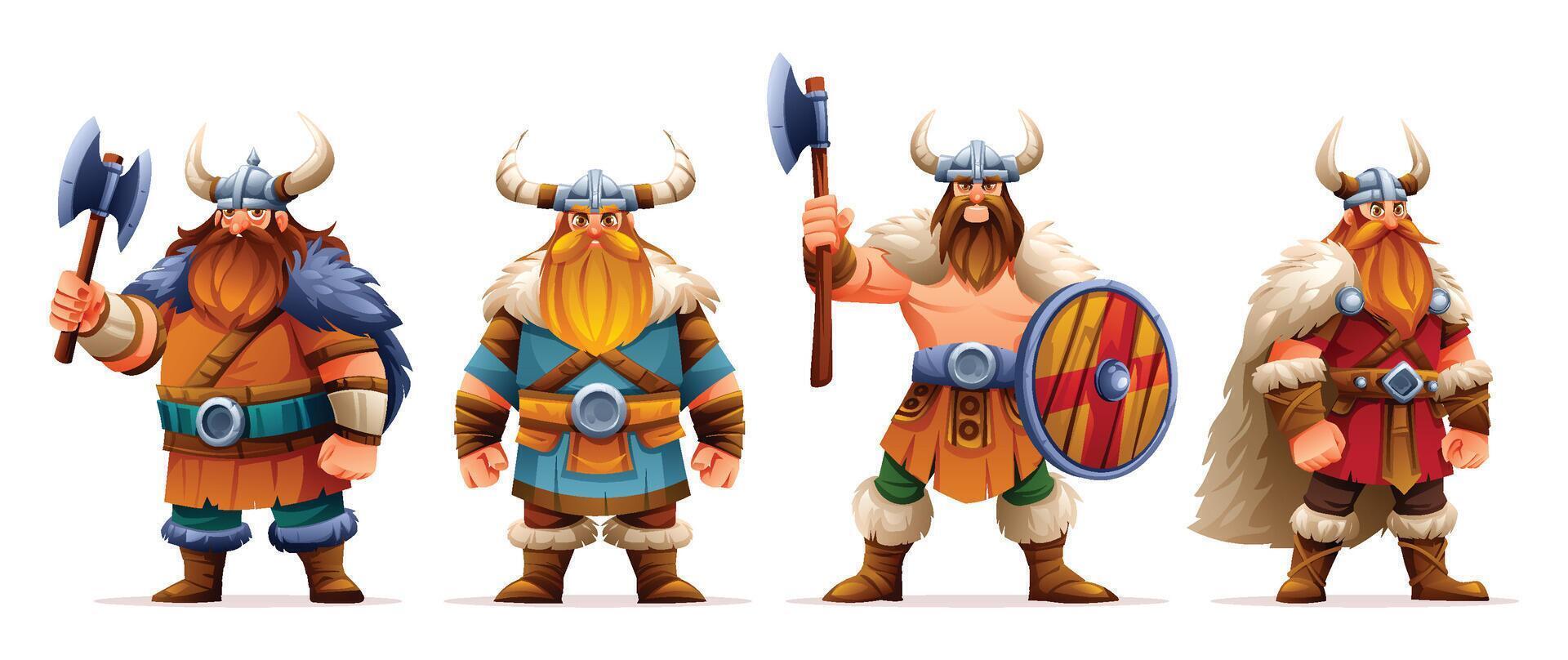 Set of Viking warriors with different weapons and attire, including axes and shields. Cartoon character illustration vector