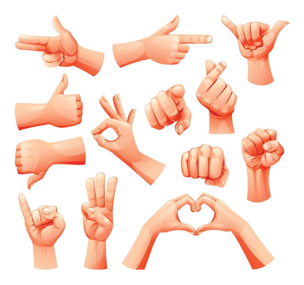 Various hand gestures showing signs such as thumbs up, pointing, fist, and love. Cartoon illustration vector
