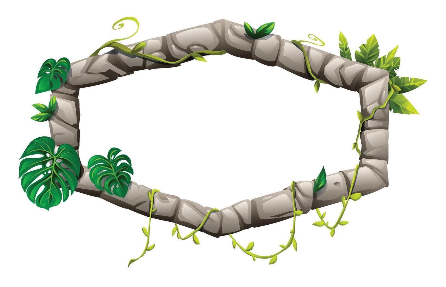 Hexagonal jungle stone frame with tropical leaves and hanging vines. Cartoon illustration vector