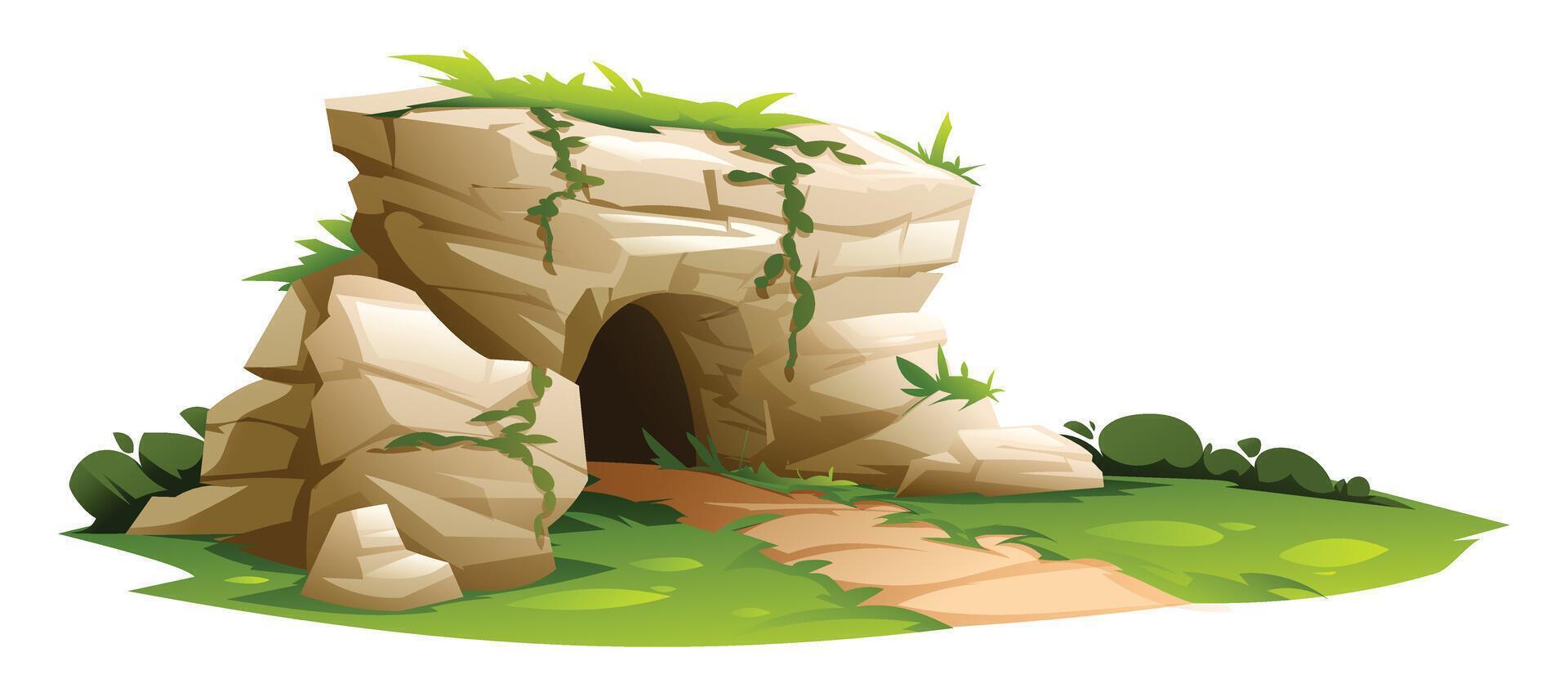 Jungle stone cave with plants and path in lush greenery. Cartoon illustration vector