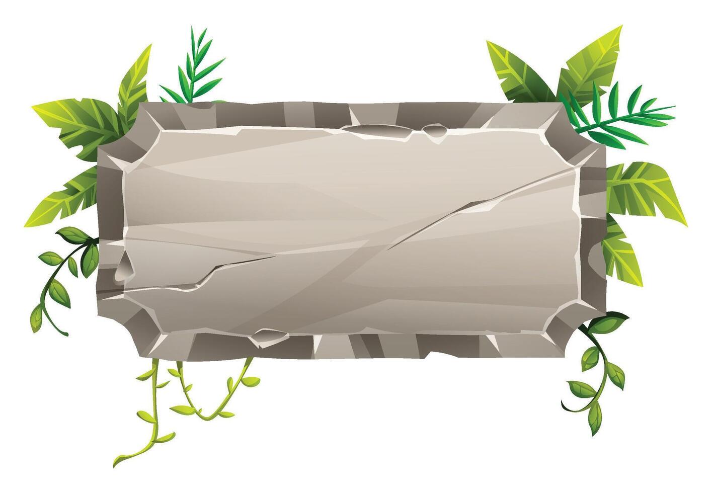 Cracked stone sign with tropical greenery and vines for nature theme. Cartoon illustration vector