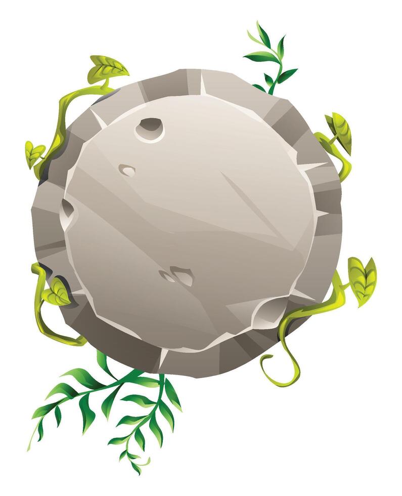 Round stone sign with vines and tropical leaves for jungle themed design. Cartoon illustration vector