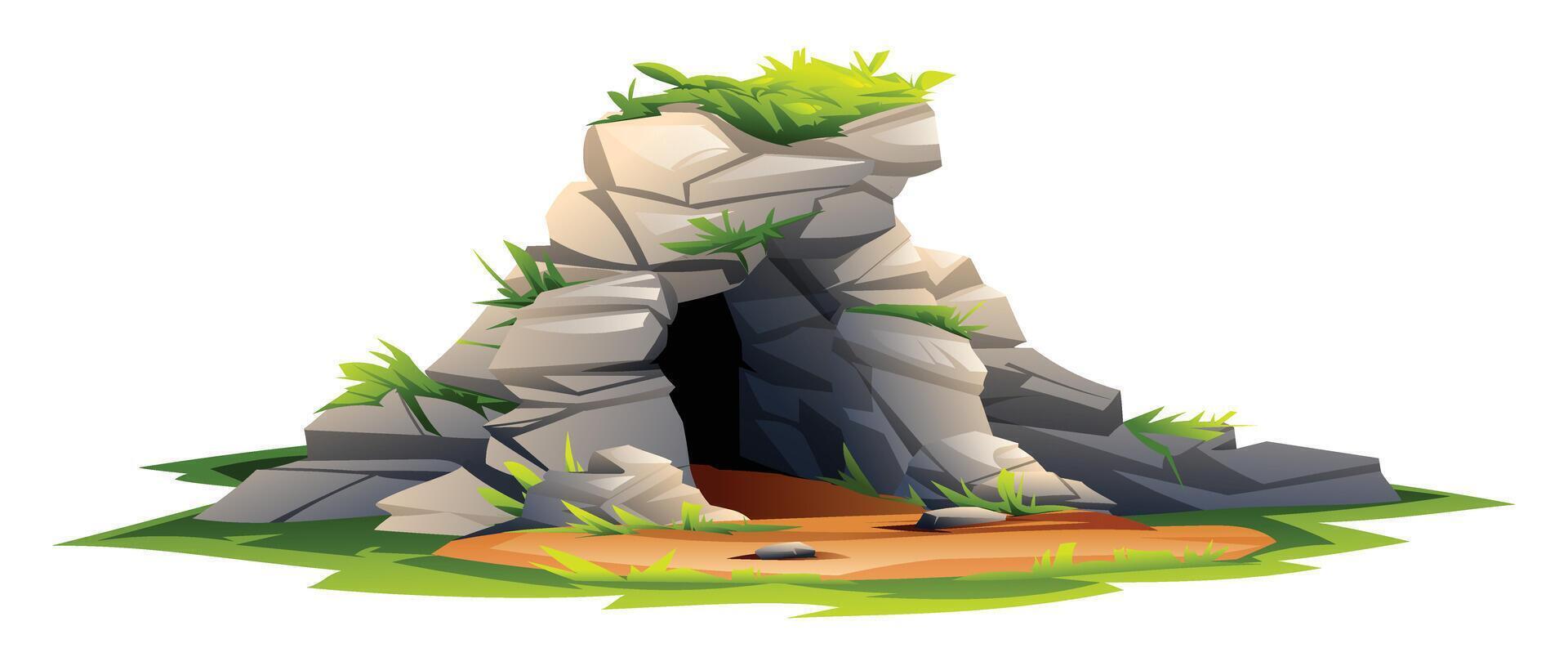 Cave with curved stone walls and grass patches. Cartoon illustration vector