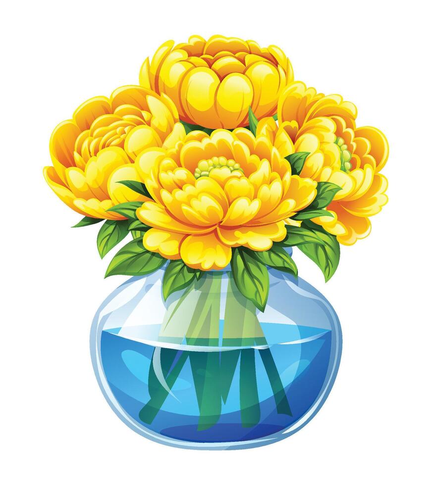 Bouquet of yellow peonies in a glass vase with water. Cartoon illustration vector