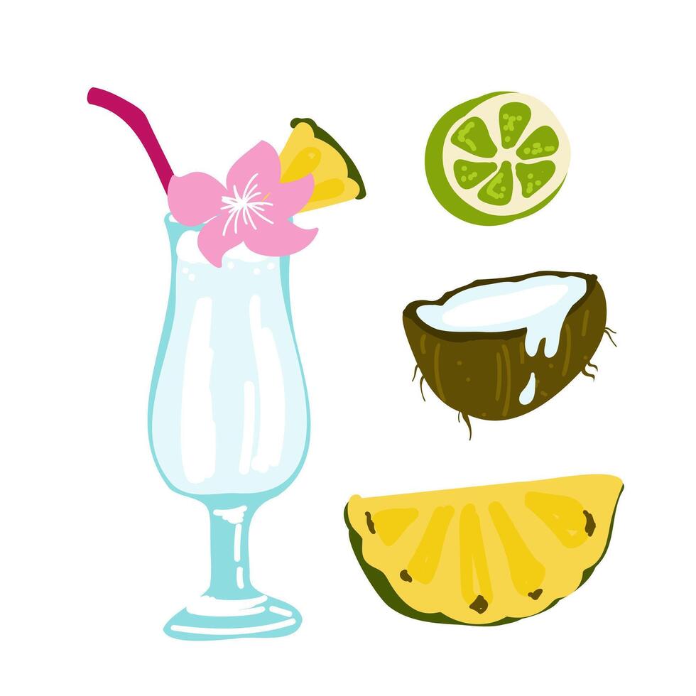 Tropical cocktails with coconut, pineapple, lime. vector