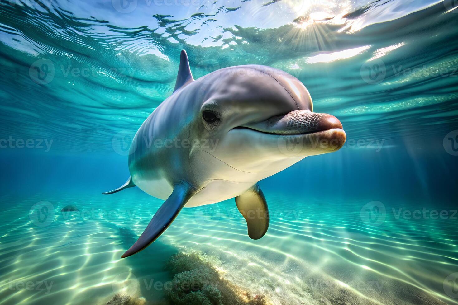 A dolphin swimming in the ocean, sun rays shining through the water, sandy bottom with rocks and seaweed photo