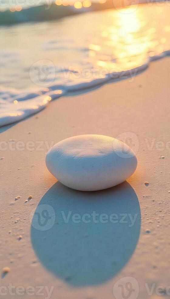 A white stone on the sand, the sea in the background, golden hour photo