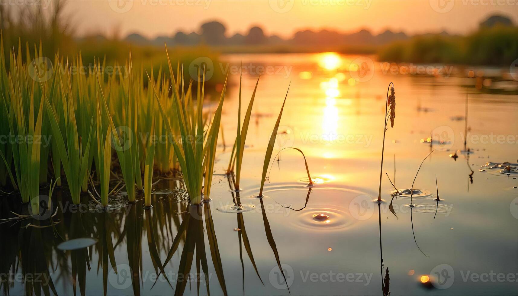 Rice plants in a flooded field at sunset, the sun reflecting on the water, creating a warm and golden light, trees in the background photo