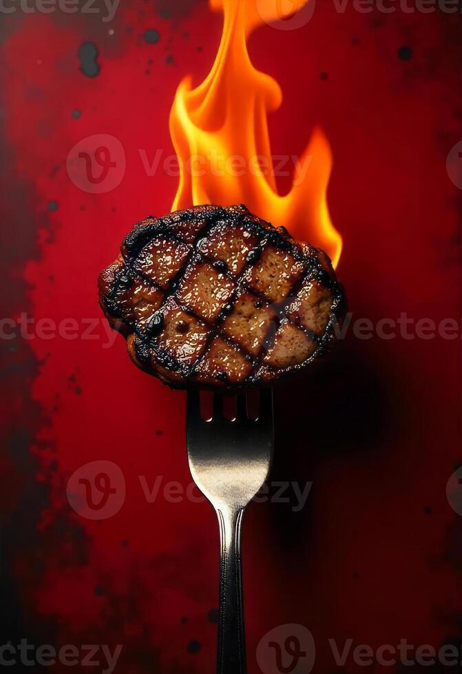 A grilled steak on a fork with flames coming out of it, the background is a red wall with some dark spots photo
