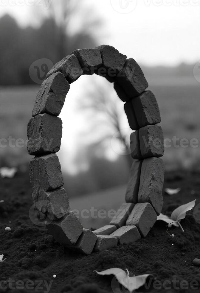 A black and white photo of a brick archway in a field, with a tree in the background