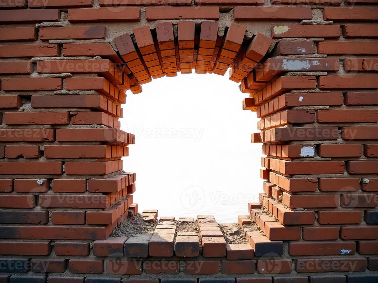 A red brick wall with a hole in the middle, the hole is oval shaped, the background is white photo