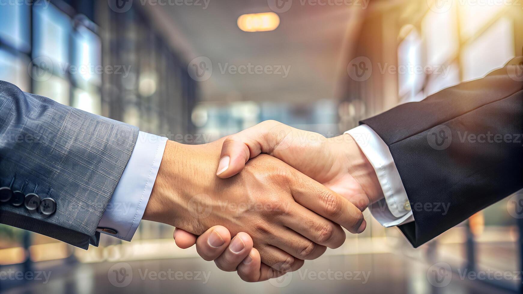 Two men shaking hands, one with a gray suit and the other with a black suit, in a modern office building with glass walls photo