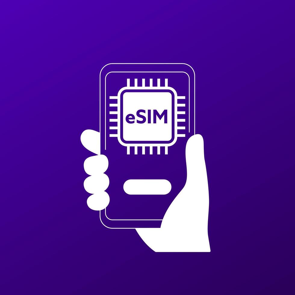 eSIM card icon, smart phone in hand vector