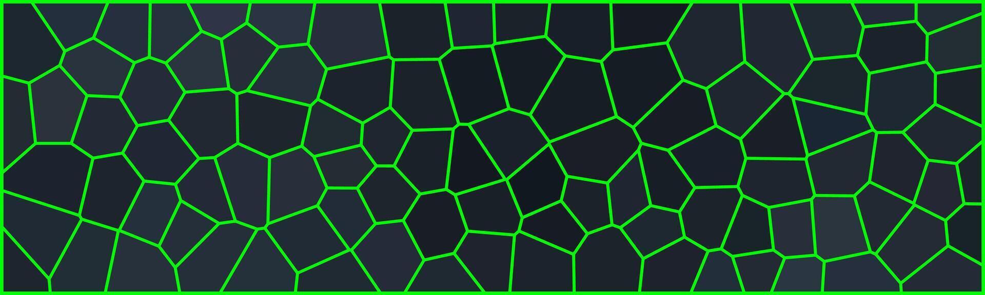 Abstract dark background with irregular polygon shapes outlined in bright neon green lines, forming a digital grid pattern. vector