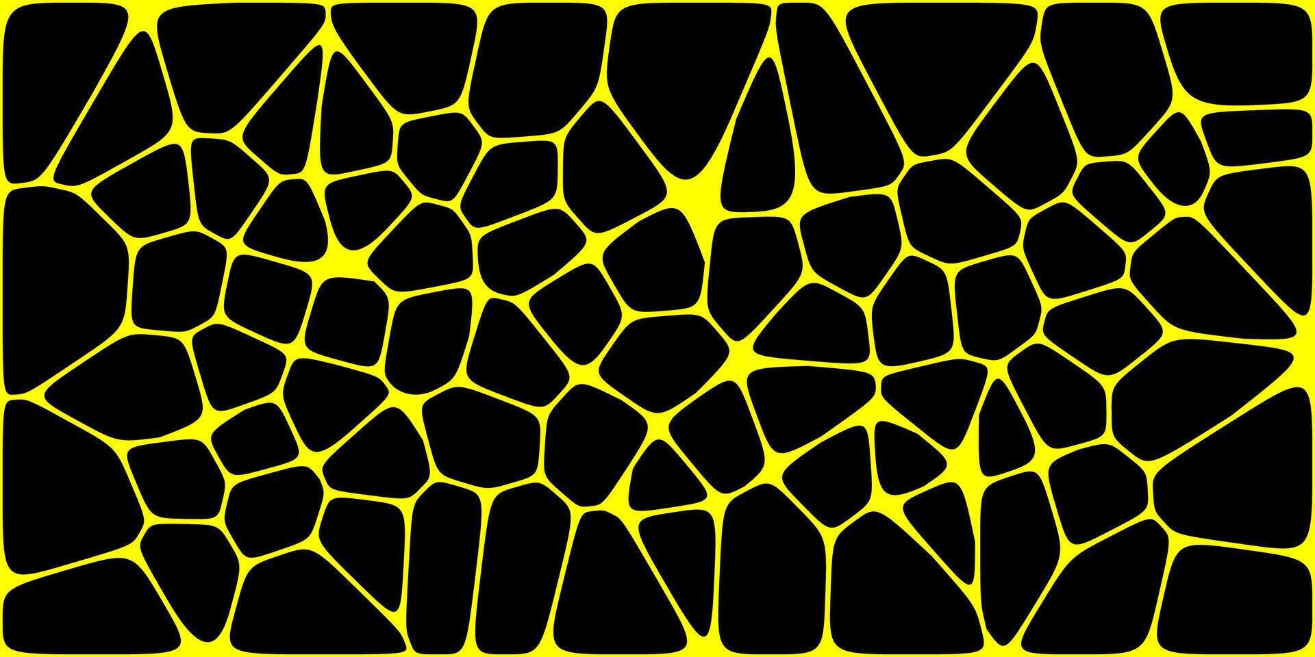 Abstract black pattern with irregular, organic shapes outlined by bright yellow lines, resembling a cracked surface or cellular structure. vector