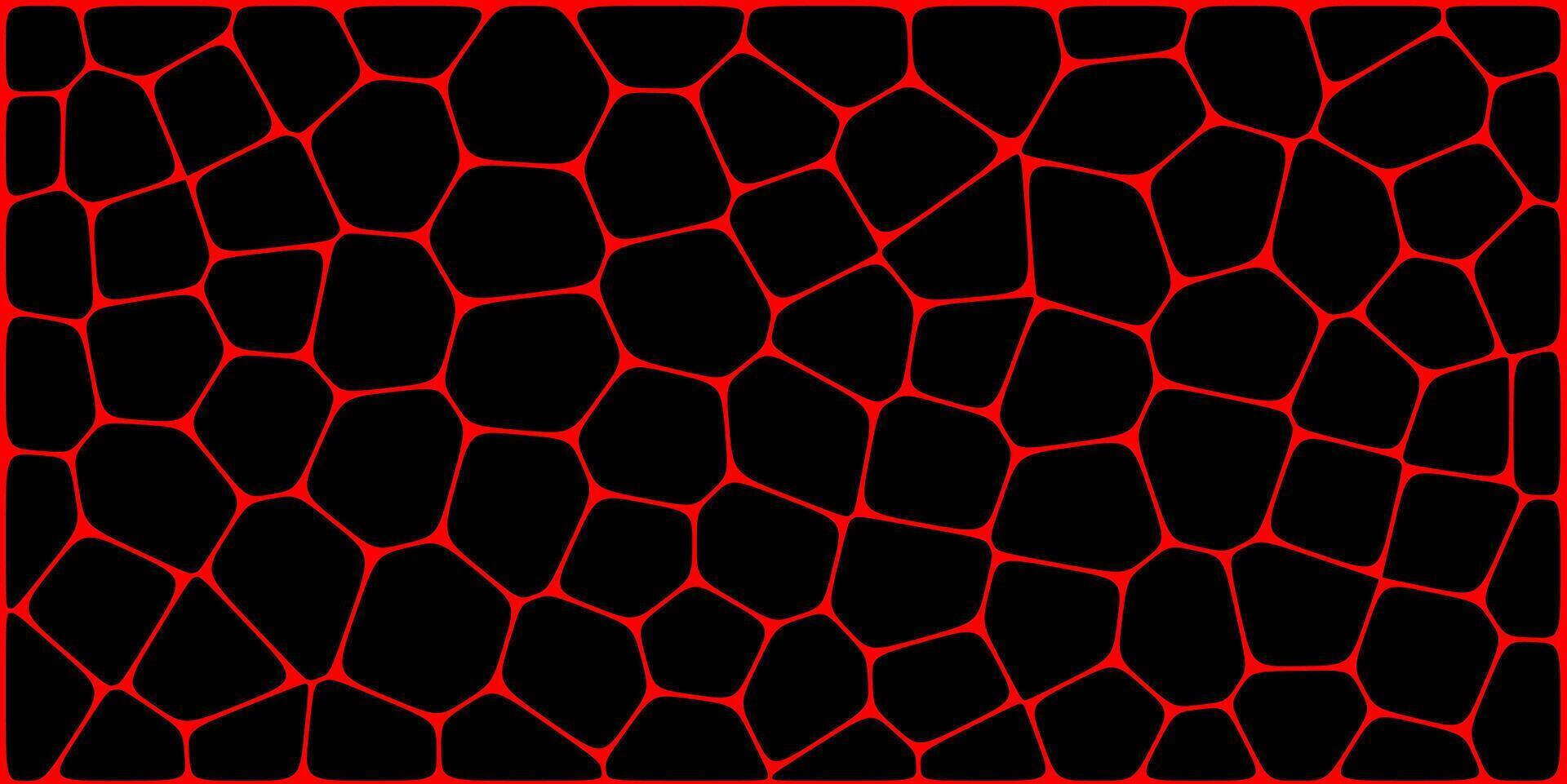 A black background filled with irregular polygonal cells outlined in glowing red, resembling a Voronoi pattern or biological cell structure. vector