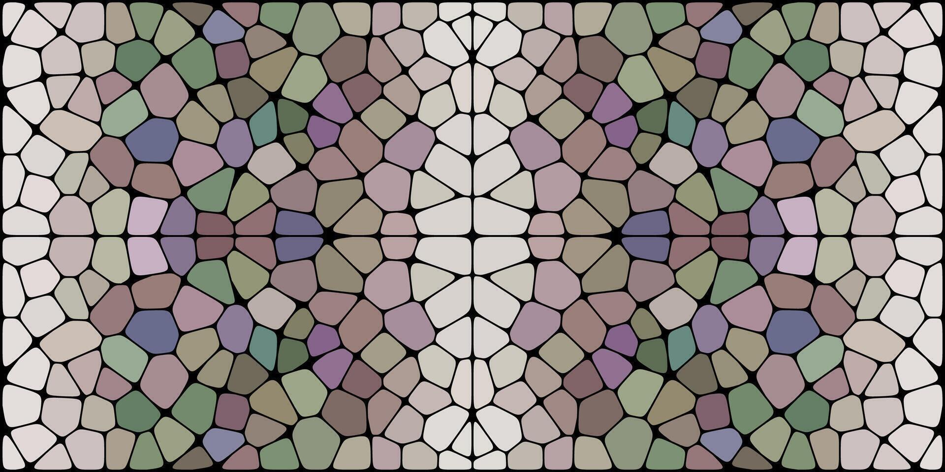 Symmetrical abstract pattern of multicolored irregular shapes outlined in black, resembling a mosaic or stained glass with mirrored layout. vector