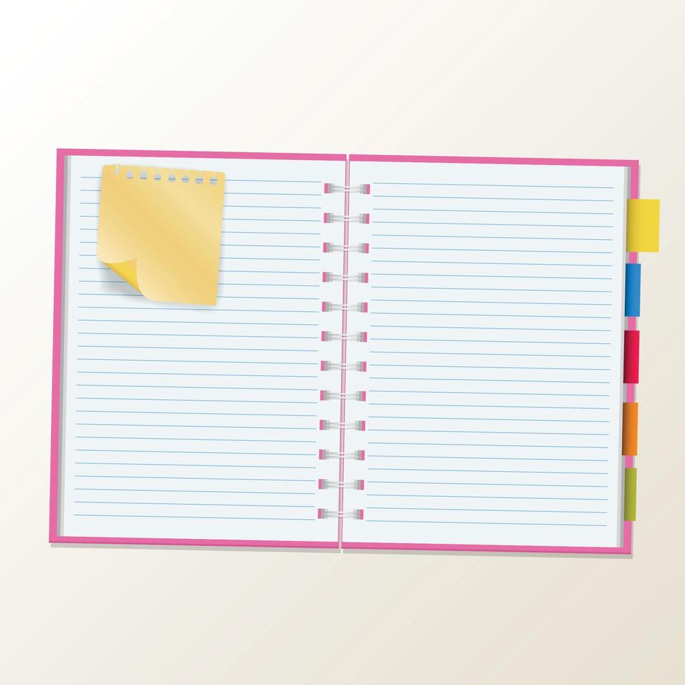 flat lay with blank notebook page paper with sticky note vector