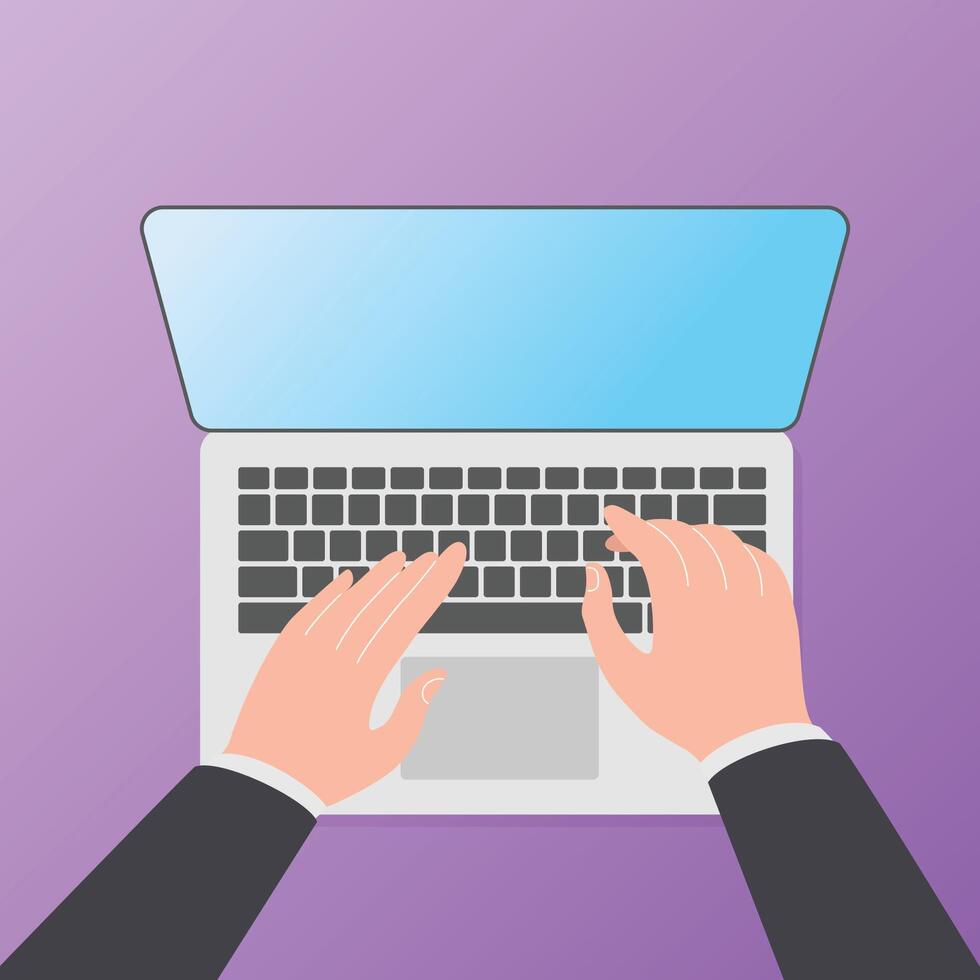 Hands typing on laptop keyboard. Working on laptop. Notebook blank screen template vector