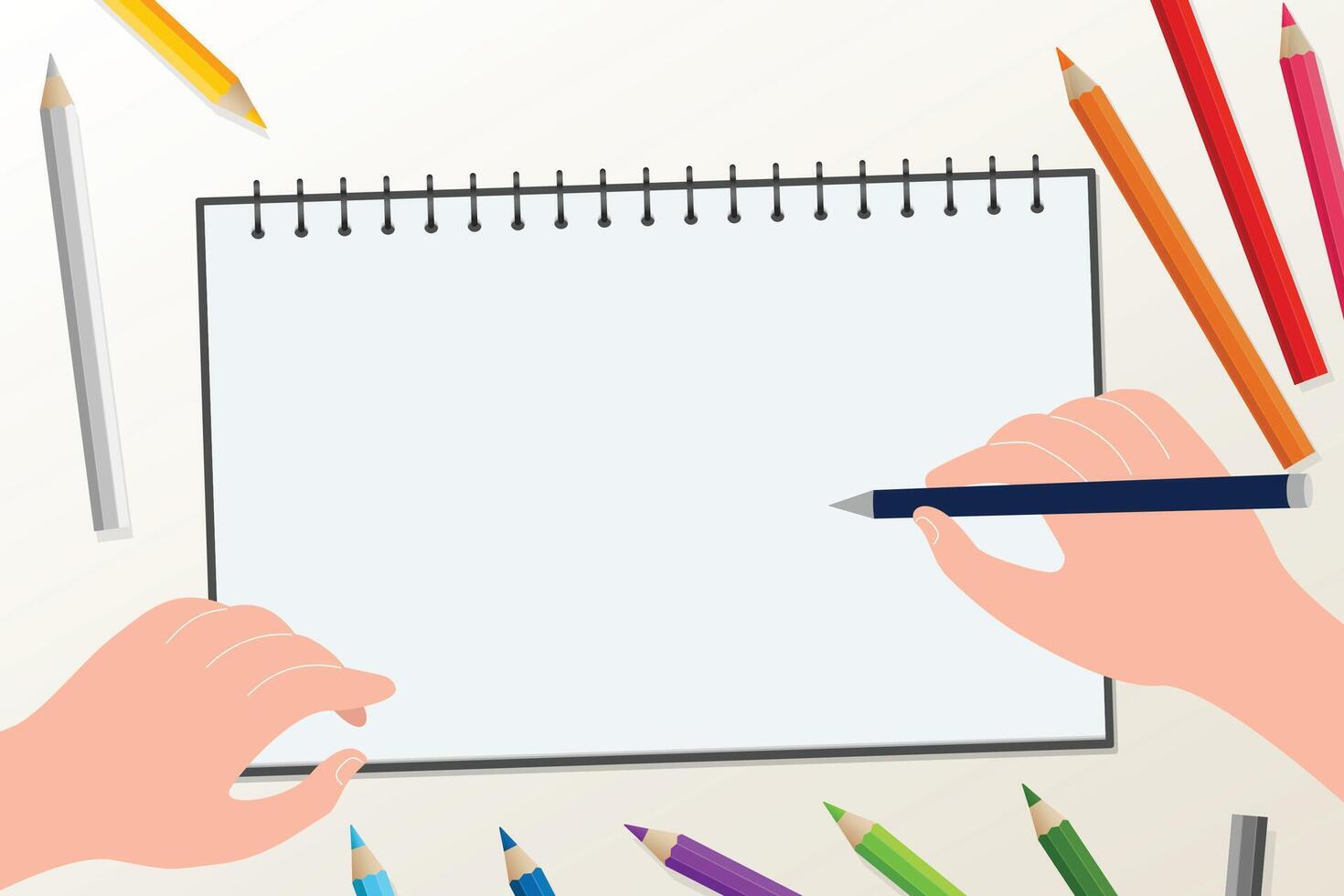 hand drawing on a blank drawing book with pencil colors, flat lay, top view vector