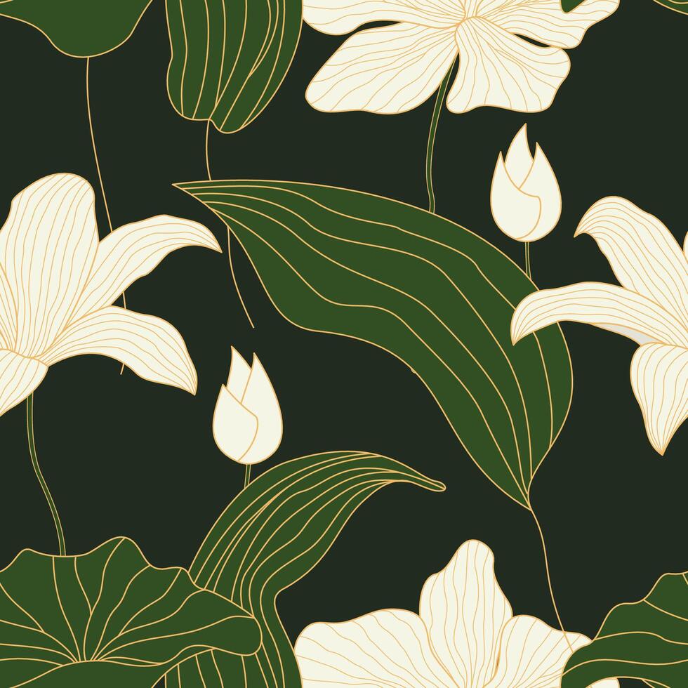 Abstract Floral seamless pattern with leaves, gold outline white flowers tropical background vector
