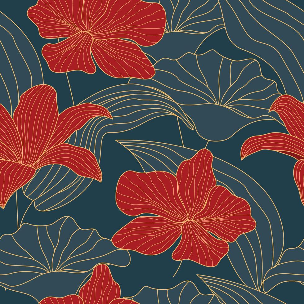 Abstract Floral seamless pattern with leaves, gold outline red flowers tropical background vector