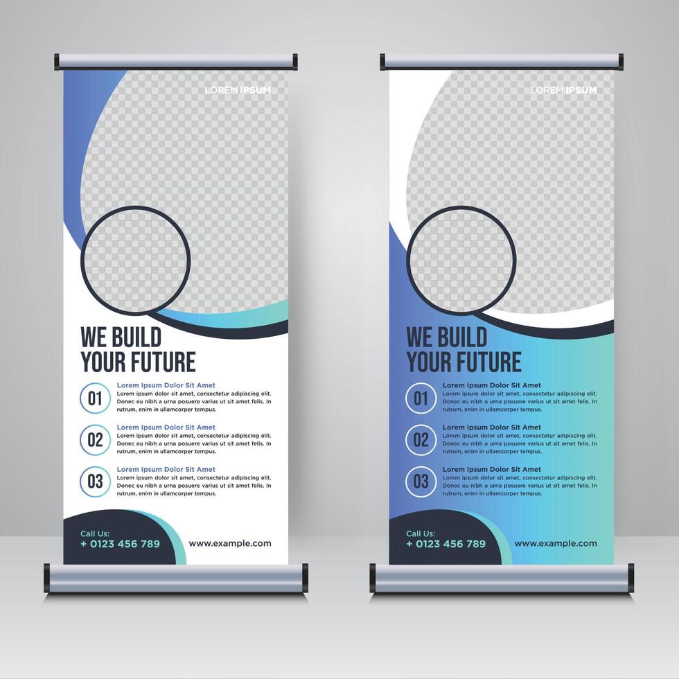 Corporate rollup or X banner design template, blue and white color vector