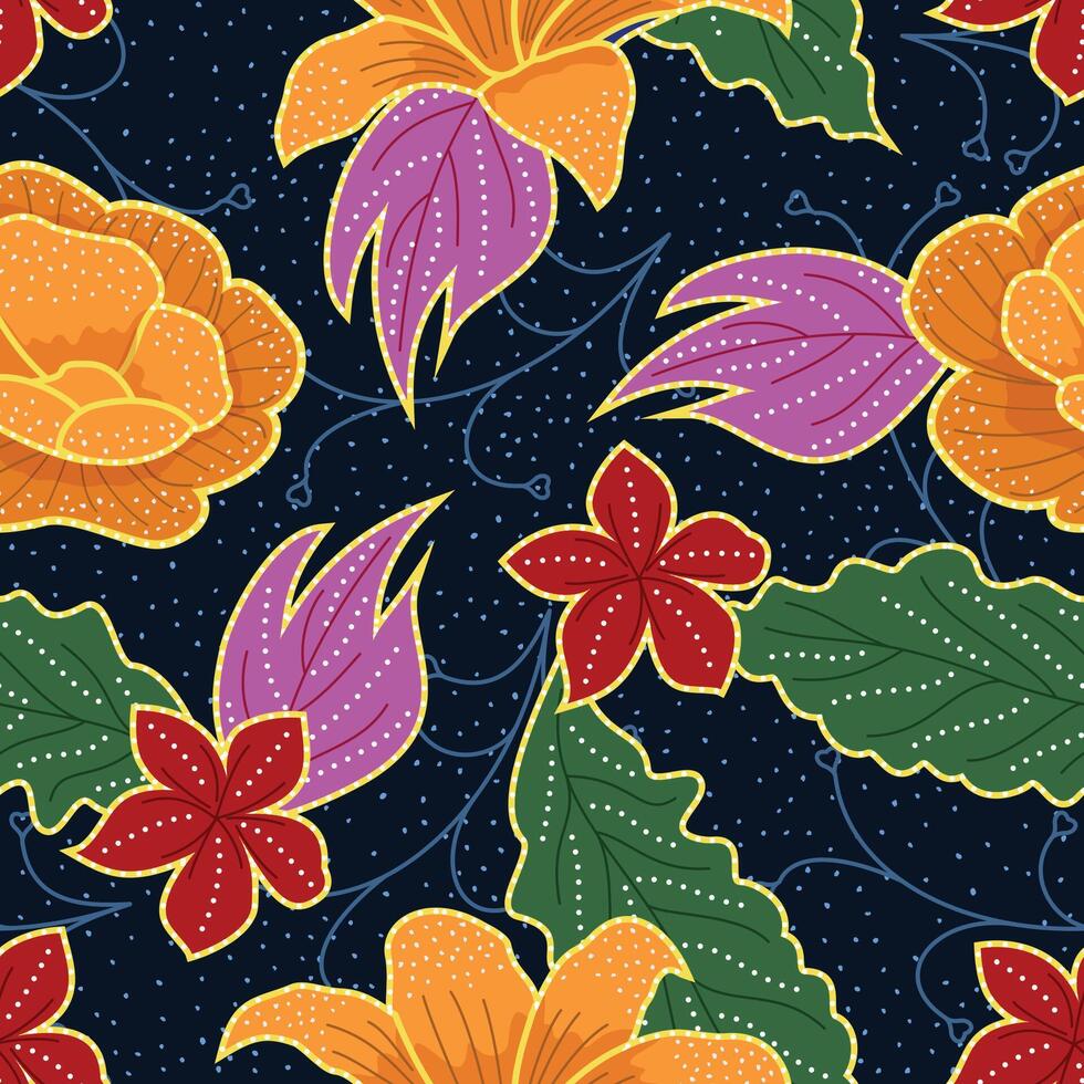 seamless batik pattern on a dark background, accented with gold detailing. The design evokes a rich, rustic, and elegant mood vector